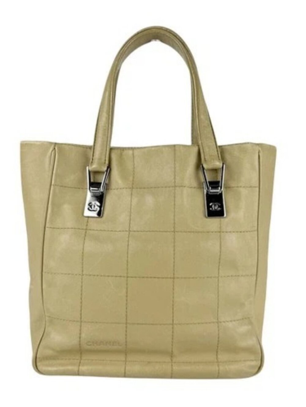 Auth CHANEL Chocolate Bar Handbag Tote Bag Khaki Beige Leather - z8001